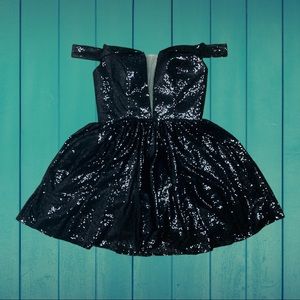 Black Sequined Lace Up Corset Back Off The Shoulder Cocktail Party Mini Dress